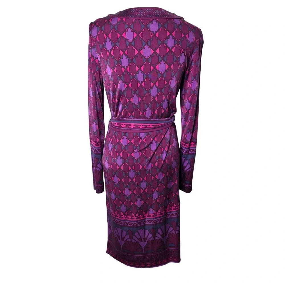 Tory Burch Audra‎ Silk Geometric Print Wrap Dress Purple Pink Long Sleeve Medium